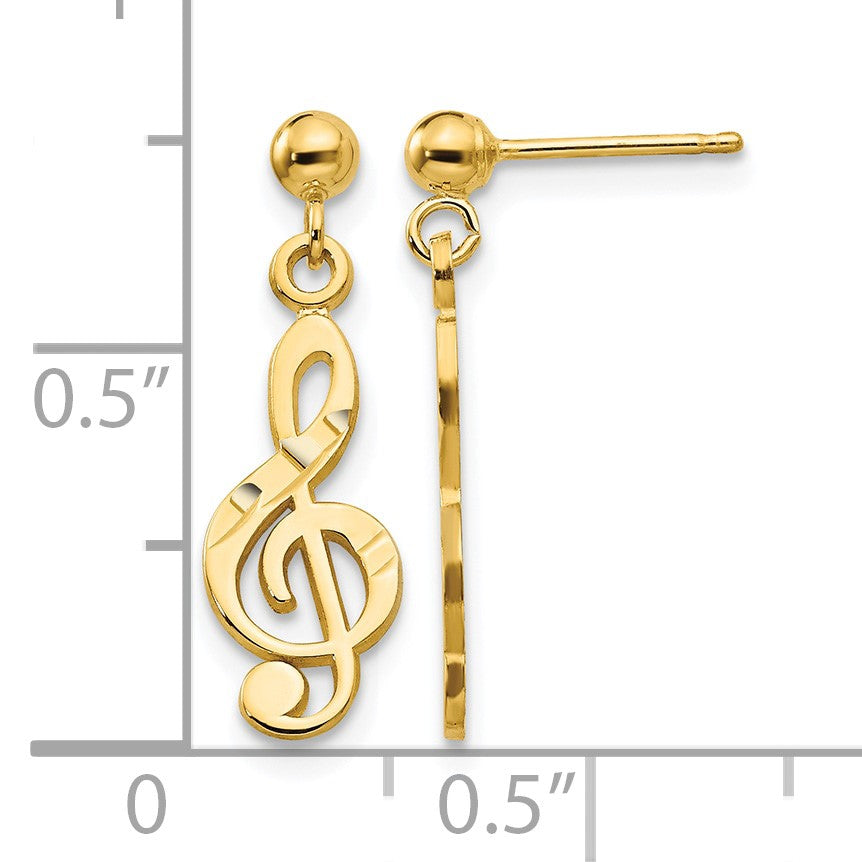 14k Polished Diamond-cut Treble Clef Dangle Post Earrings