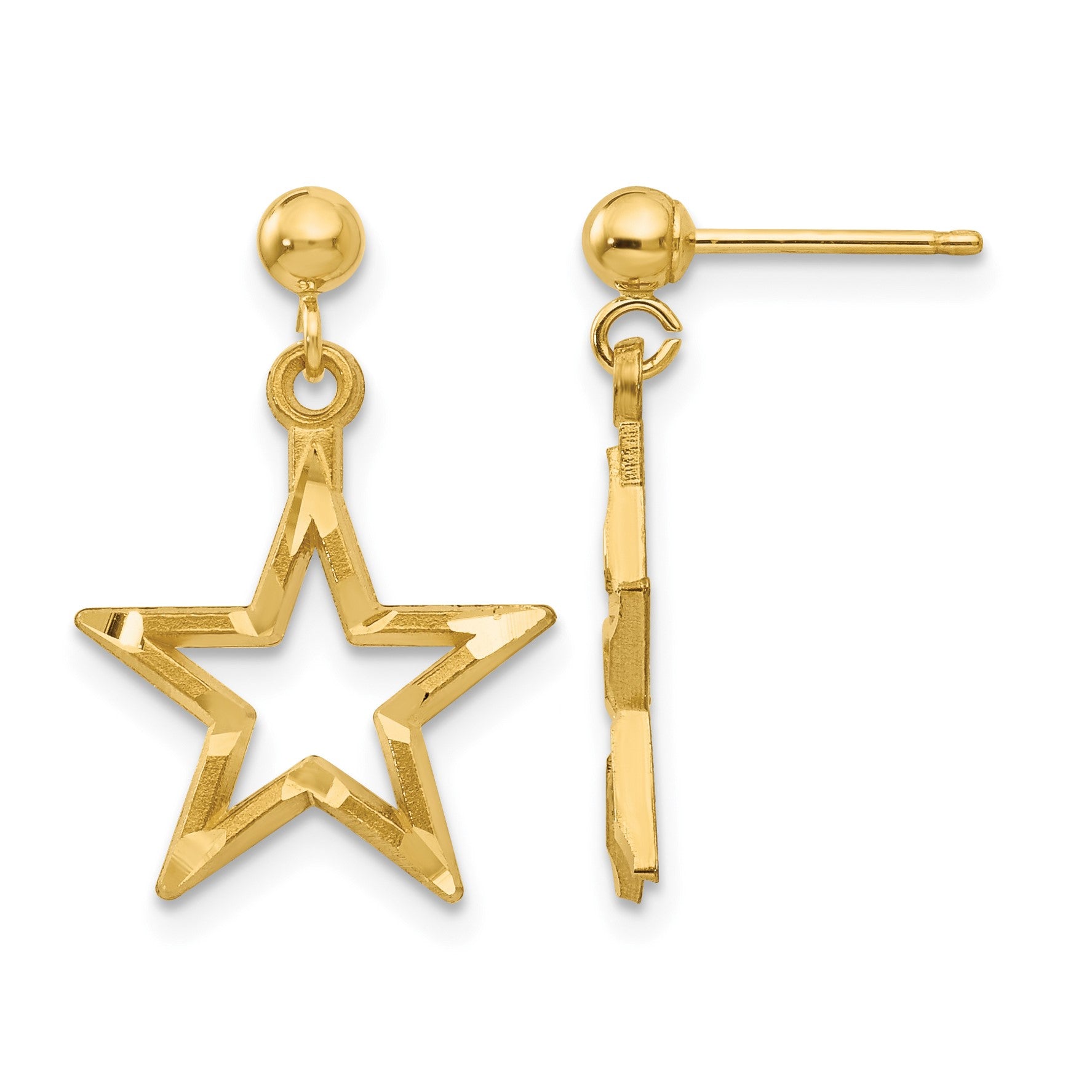 14k Polished Diamond-Cut Open Star Dangle Post Earrings