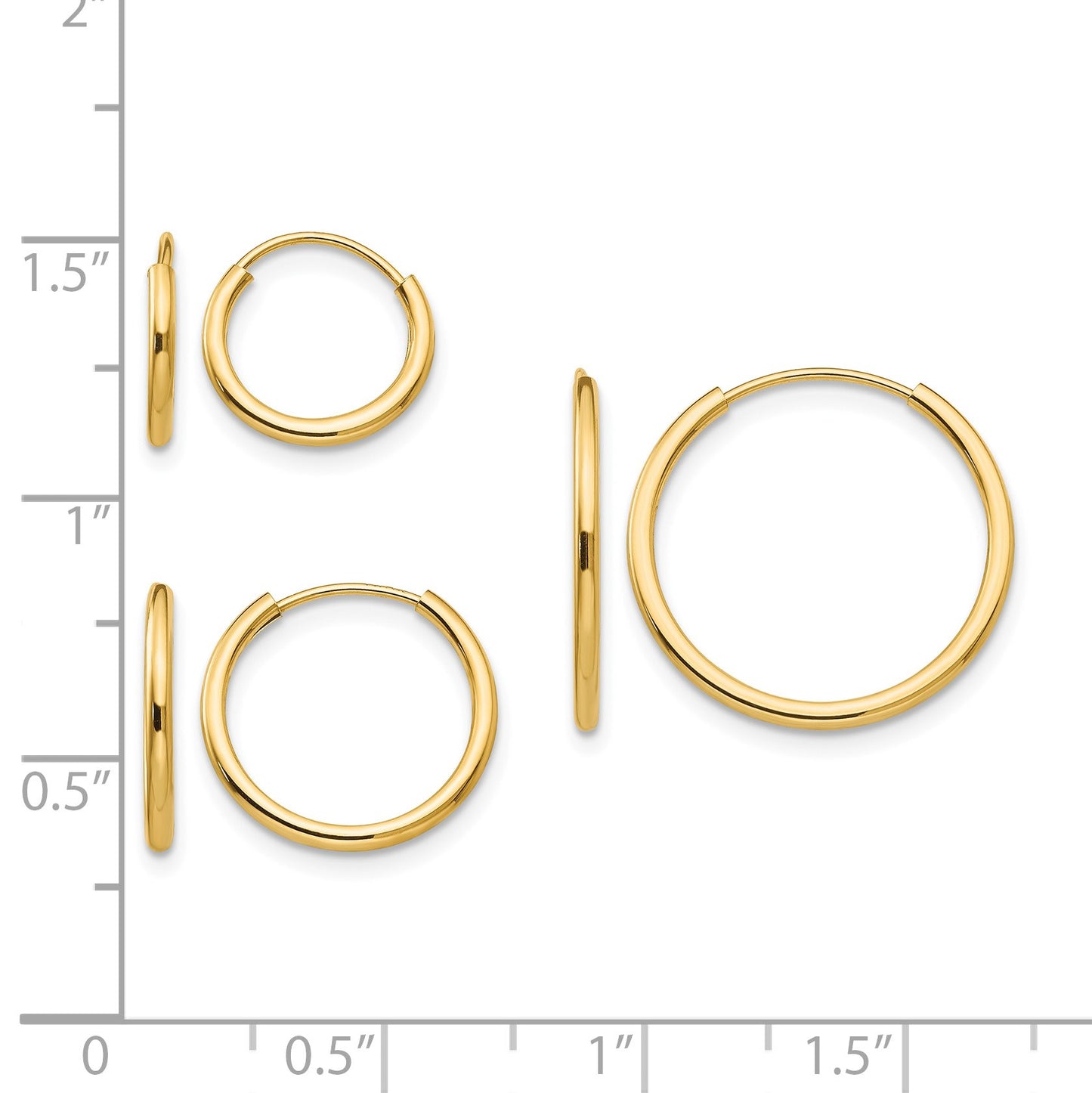 14k Madi K Polished 1mm x 10/13/17mm Endless Hoop 3 Pair Earring Set