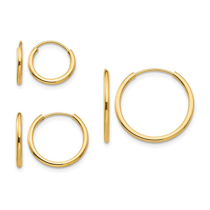 14k Madi K Polished 1mm x 10/13/17mm Endless Hoop 3 Pair Earring Set