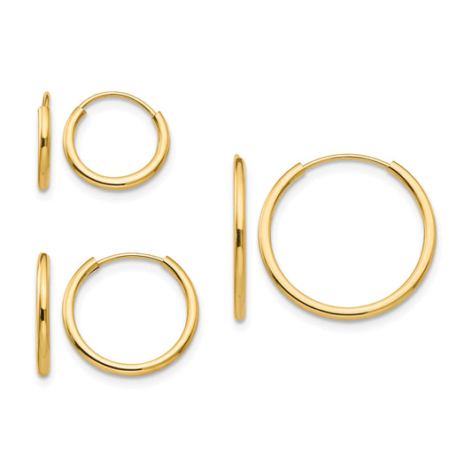 14k Madi K Polished 1mm x 10/13/17mm Endless Hoop 3 Pair Earring Set