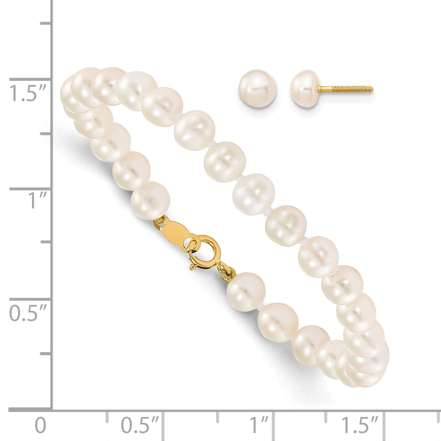 14k Madi K 4-5mm White Freshwater Cultured Pearl 5.5 inch Bracelet and Post Earrings Set