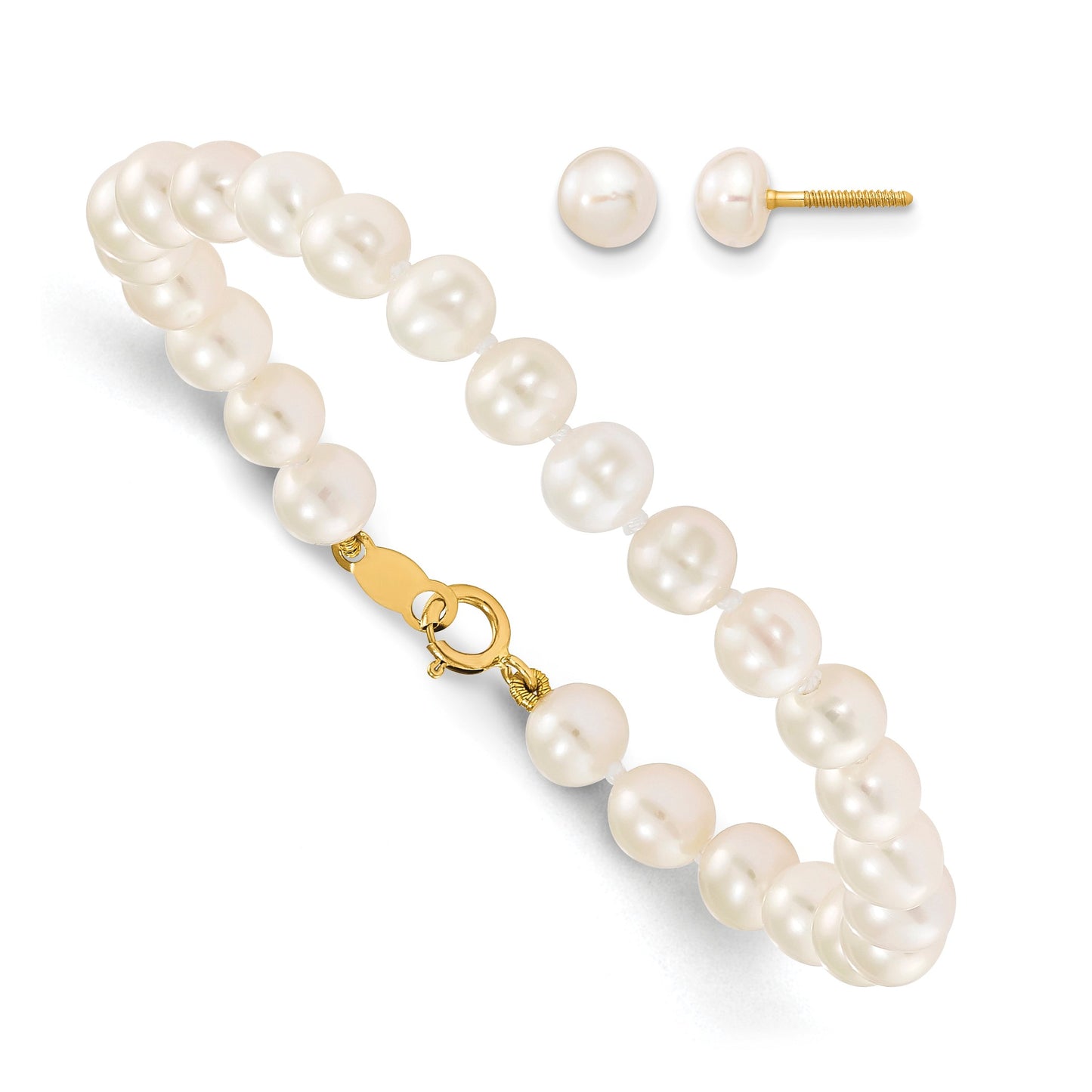 14k Madi K 4-5mm White Freshwater Cultured Pearl 5.5 inch Bracelet and Post Earrings Set
