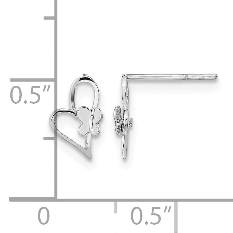 14k White Gold Madi K Heart with Butterfly Childrens Post Earrings