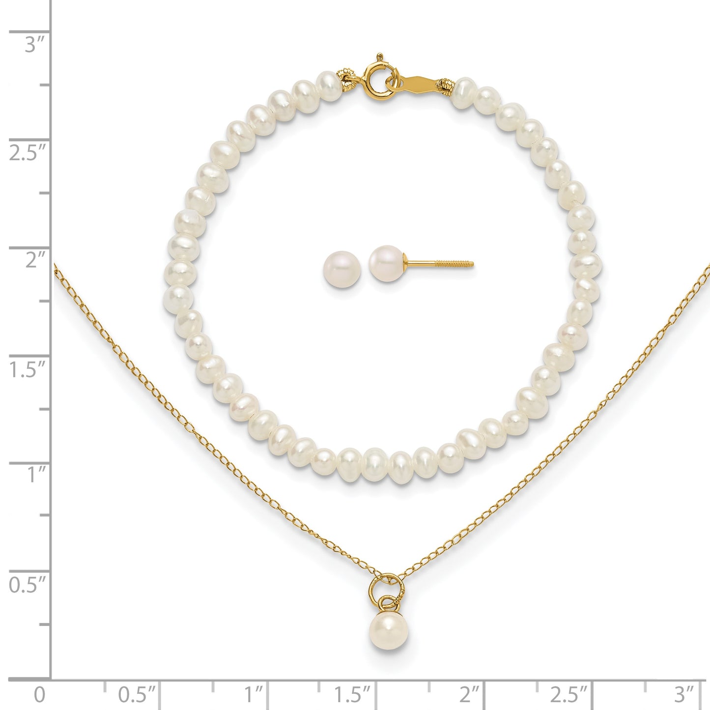 14k Madi K White Freshwater Cultured Pearl 15 inch Necklace/Post Earrings/5.5 inch Bracelet 3-piece Set