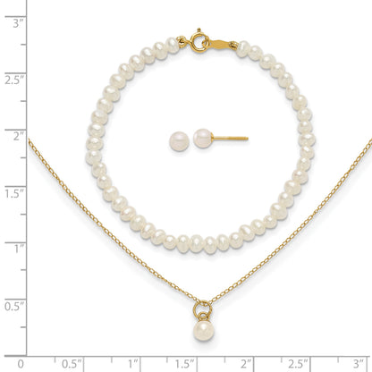 14k Madi K White Freshwater Cultured Pearl 15 inch Necklace/Post Earrings/5.5 inch Bracelet 3-piece Set