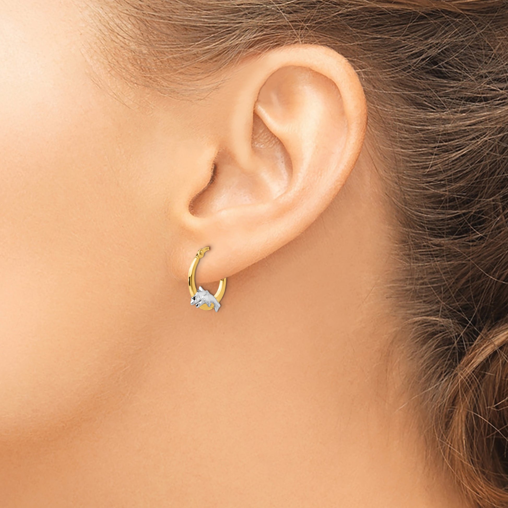 14K and White Rhodium Madi K Dolphin Childrens Hoop Earrings