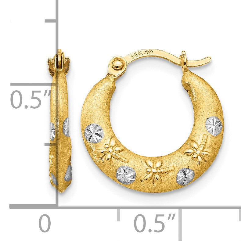 14K and White Rhodium Madi K 3x15mm Diamond-cut Hoop Earrings
