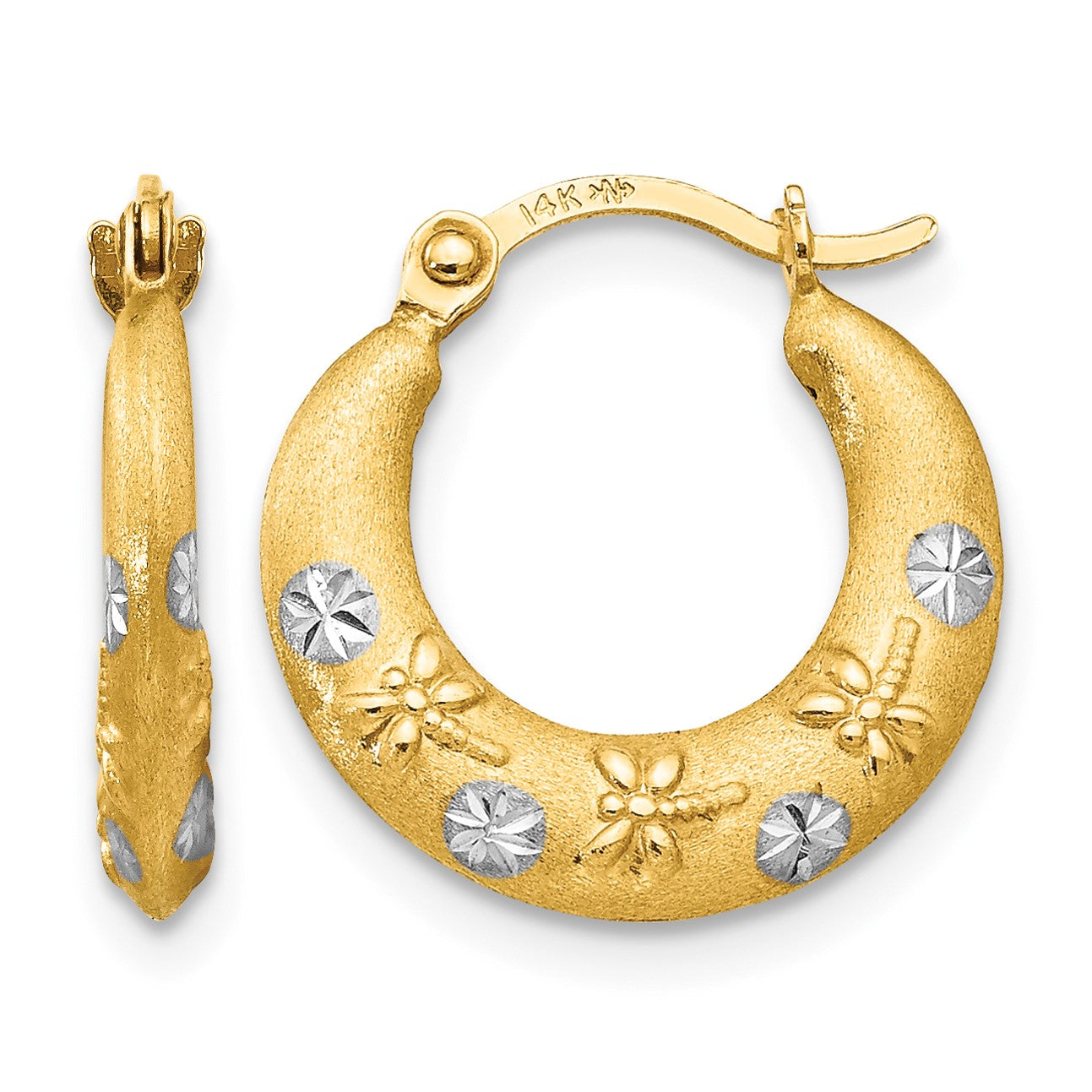 14K and White Rhodium Madi K 3x15mm Diamond-cut Hoop Earrings