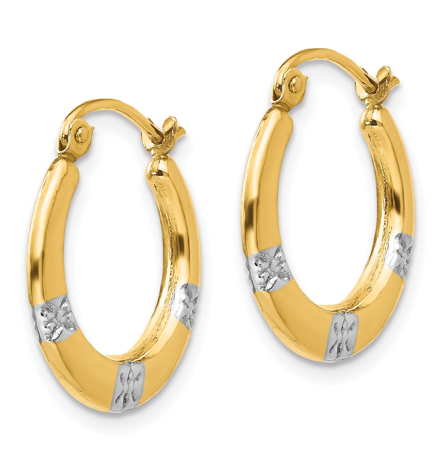 14K and White Rhodium Madi K 3x17mm Diamond-cut Flowers Hollow Hoop Earrings