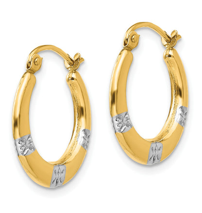 14K and White Rhodium Madi K 3x17mm Diamond-cut Flowers Hollow Hoop Earrings