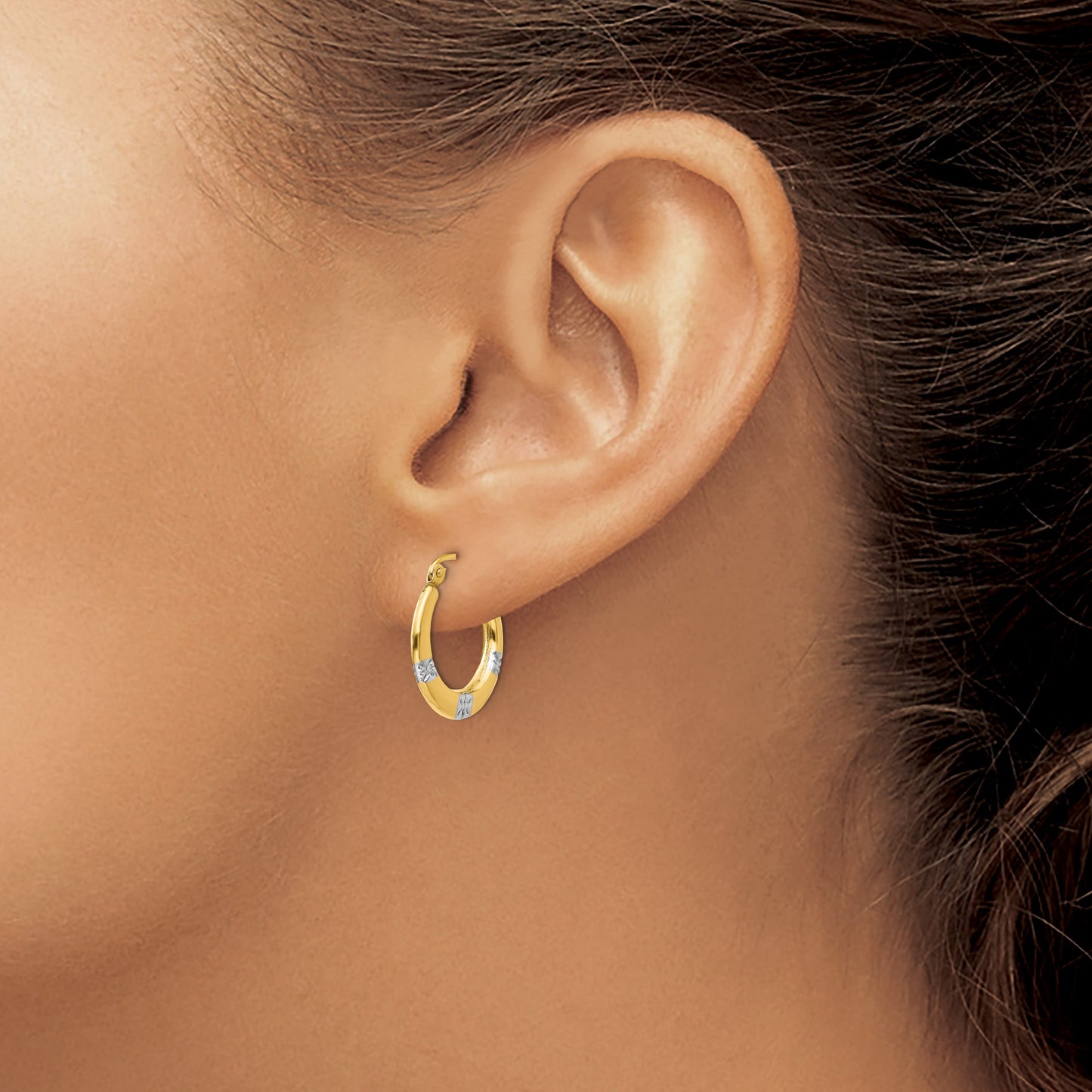14K and White Rhodium Madi K 3x17mm Diamond-cut Flowers Hollow Hoop Earrings