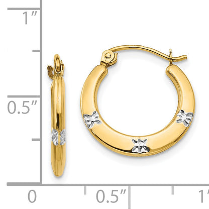 14K and White Rhodium Madi K 3x17mm Diamond-cut Flowers Hollow Hoop Earrings