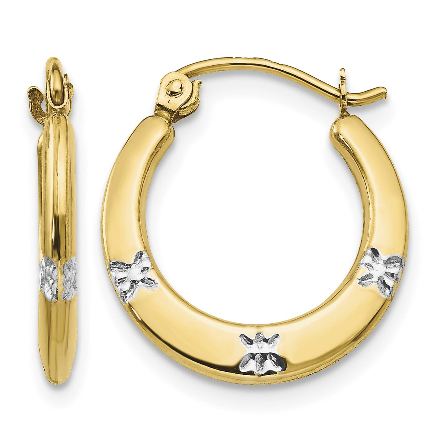 14K and White Rhodium Madi K 3x17mm Diamond-cut Flowers Hollow Hoop Earrings