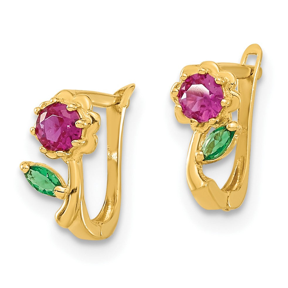 14k Madi K Polished Red and Green CZ Flower Childrens Hinged Earrings