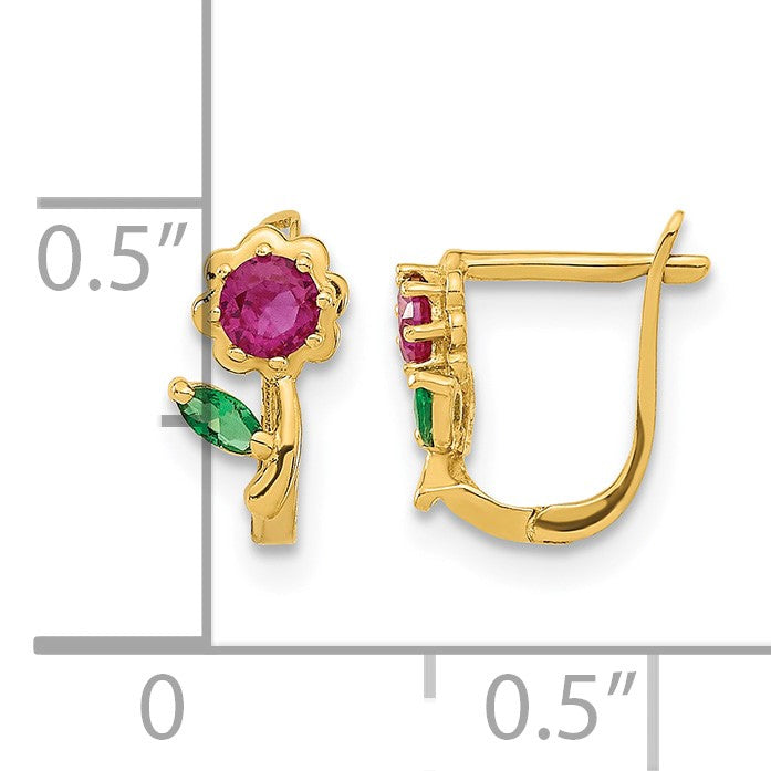 14k Madi K Polished Red and Green CZ Flower Childrens Hinged Earrings
