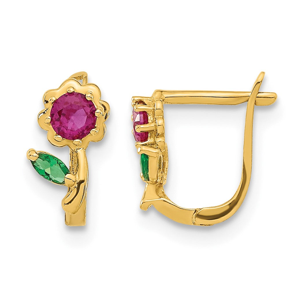 14k Madi K Polished Red and Green CZ Flower Childrens Hinged Earrings