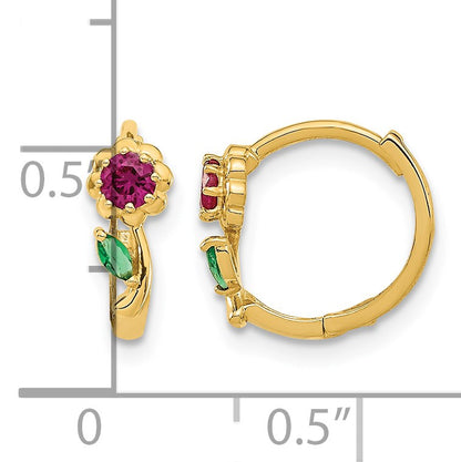 14k Madi K Red and Green CZ Childrens Hinged Hoop Earrings