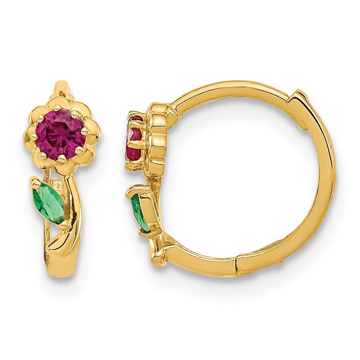 14k Madi K Red and Green CZ Childrens Hinged Hoop Earrings