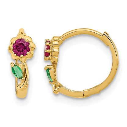 14k Madi K Red and Green CZ Childrens Hinged Hoop Earrings