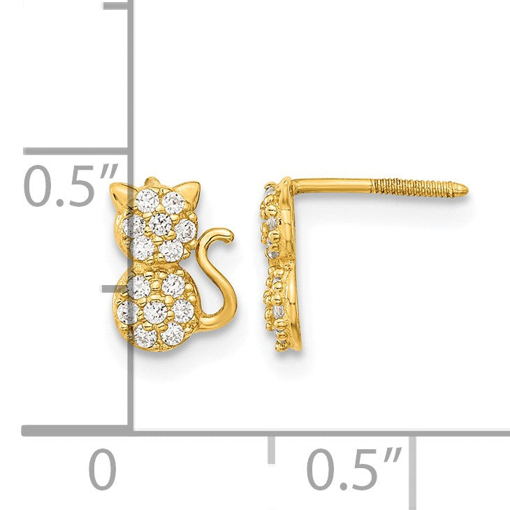 14k Madi K Polished CZ Sitting Cat Childrens Screwback Post Earrings