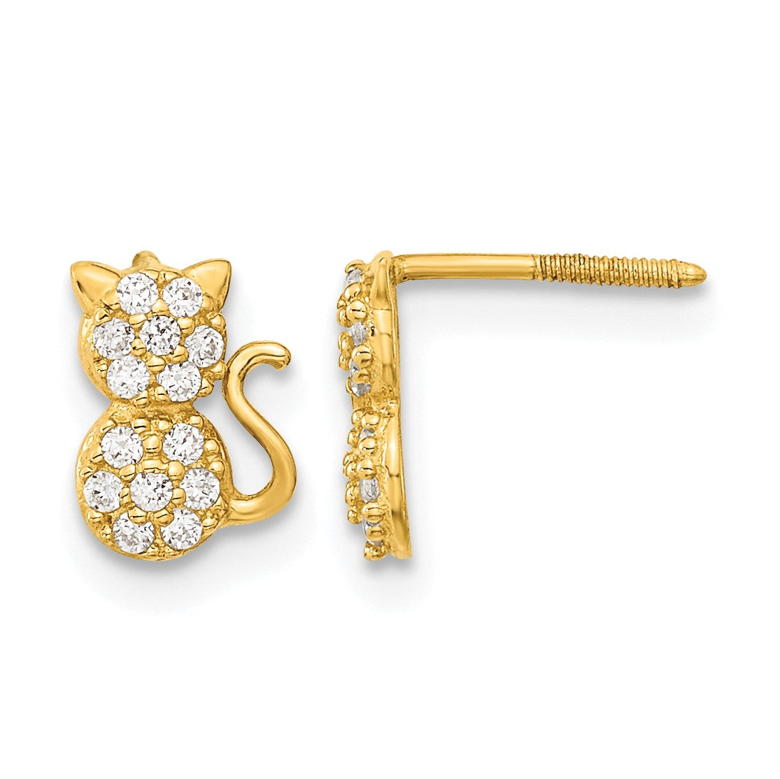 14k Madi K Polished CZ Sitting Cat Childrens Screwback Post Earrings