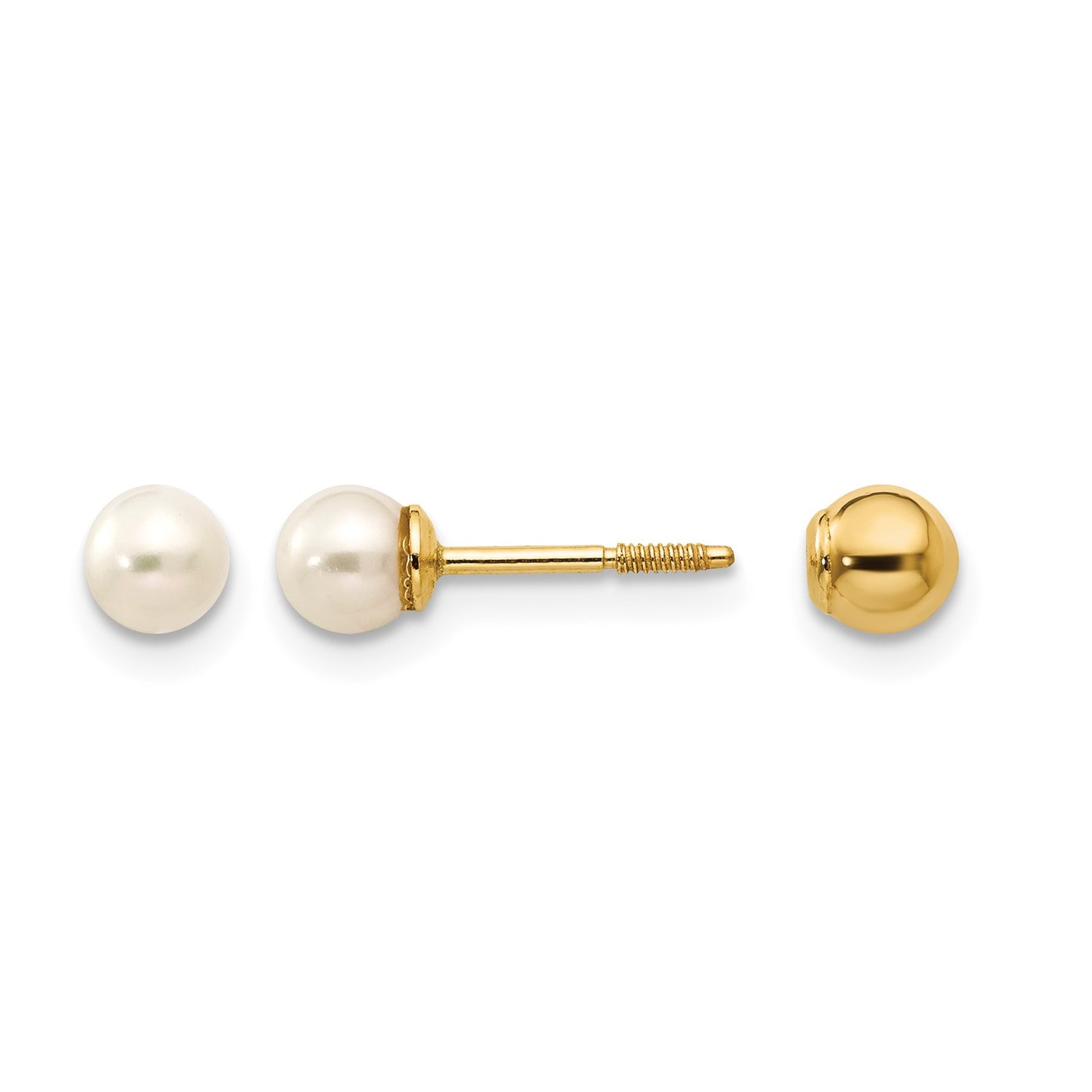 14k Madi K Reversible 3-4mm White Round Freshwater Cultured Pearl and Bead Screwback Post Earrings