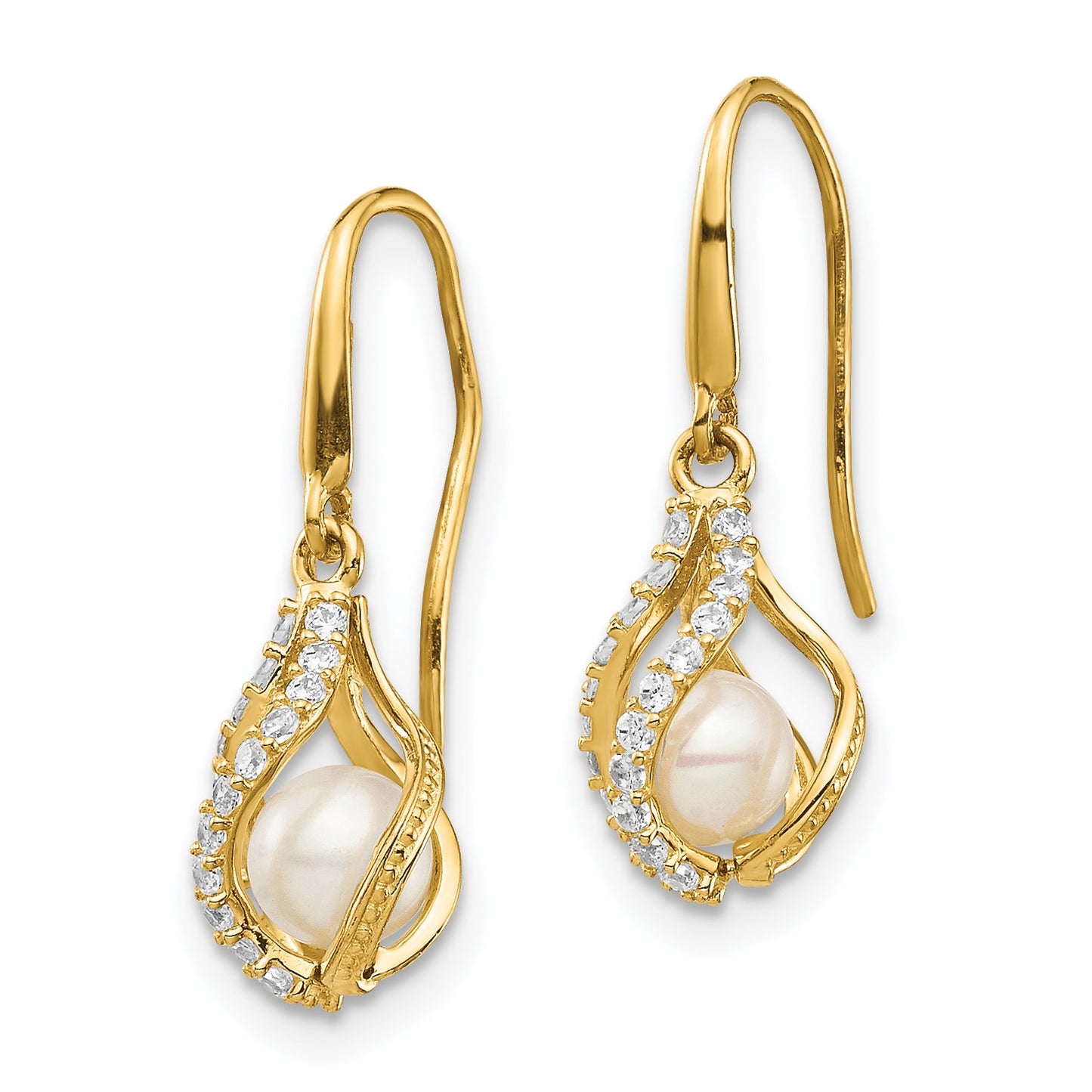 14k 4-5mm White Round Freshwater Cultured Pearl and CZ Cage Shepherd Hook Dangle Earrings