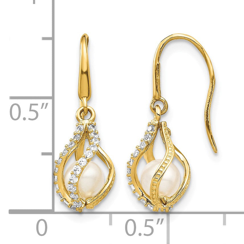 14k 4-5mm White Round Freshwater Cultured Pearl and CZ Cage Shepherd Hook Dangle Earrings