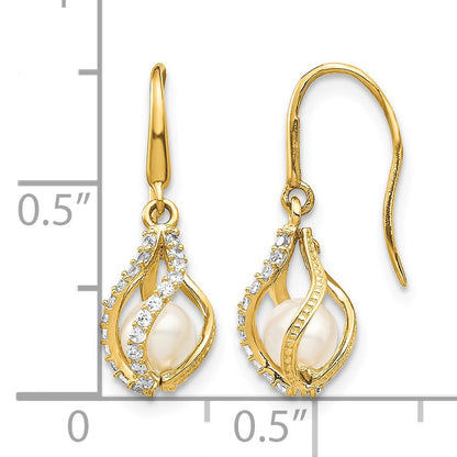 14k 4-5mm White Round Freshwater Cultured Pearl and CZ Cage Shepherd Hook Dangle Earrings