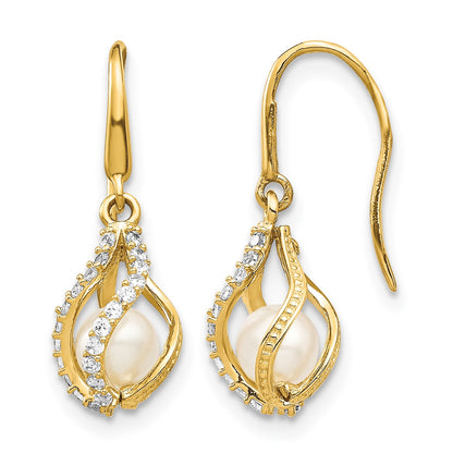 14k 4-5mm White Round Freshwater Cultured Pearl and CZ Cage Shepherd Hook Dangle Earrings