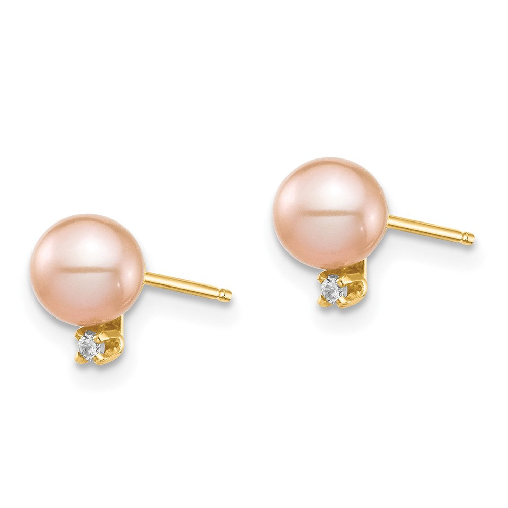 14k Madi K 5-6mm Pink Round Freshwater Cultured Pearl and .02 Carat Diamond Post Earrings with Silicone Backs