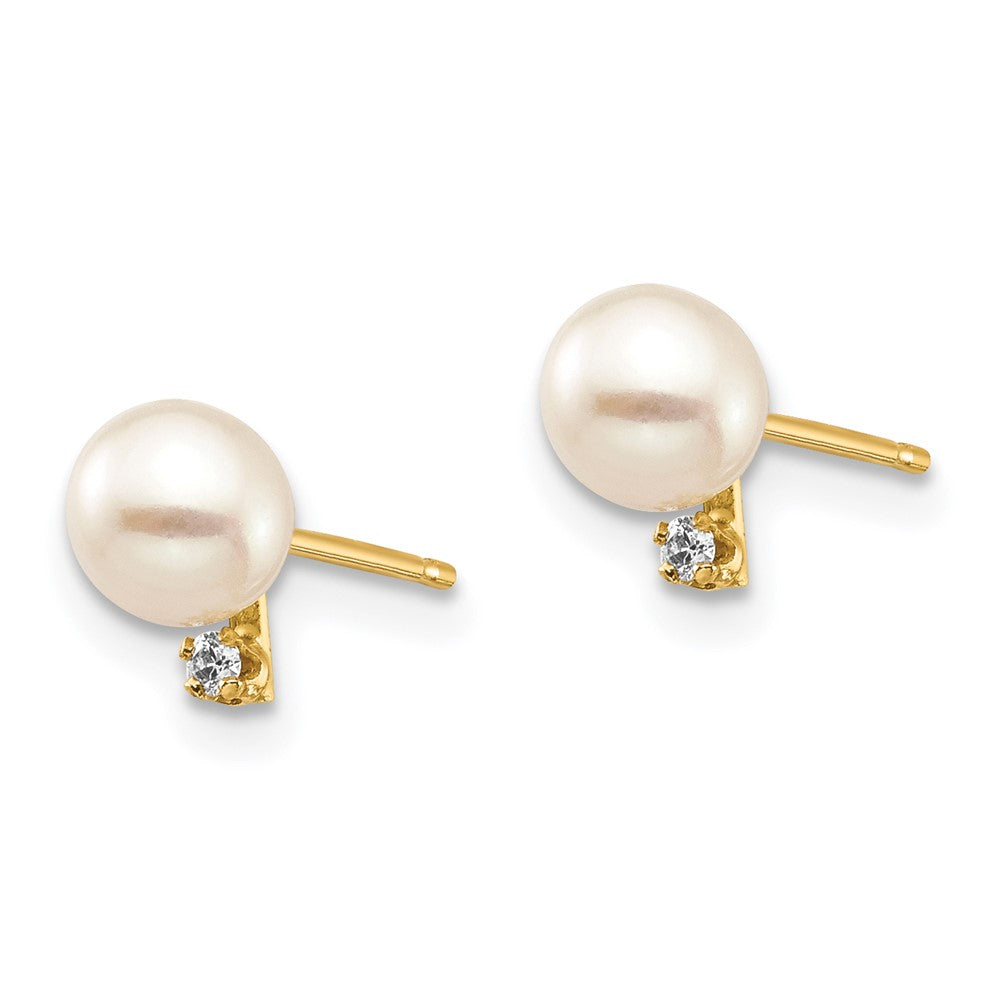 14k Madi K 4-5mm White Round Freshwater Cultured Pearl and .02 Carat Diamond Post Earrings with Silicone Backs