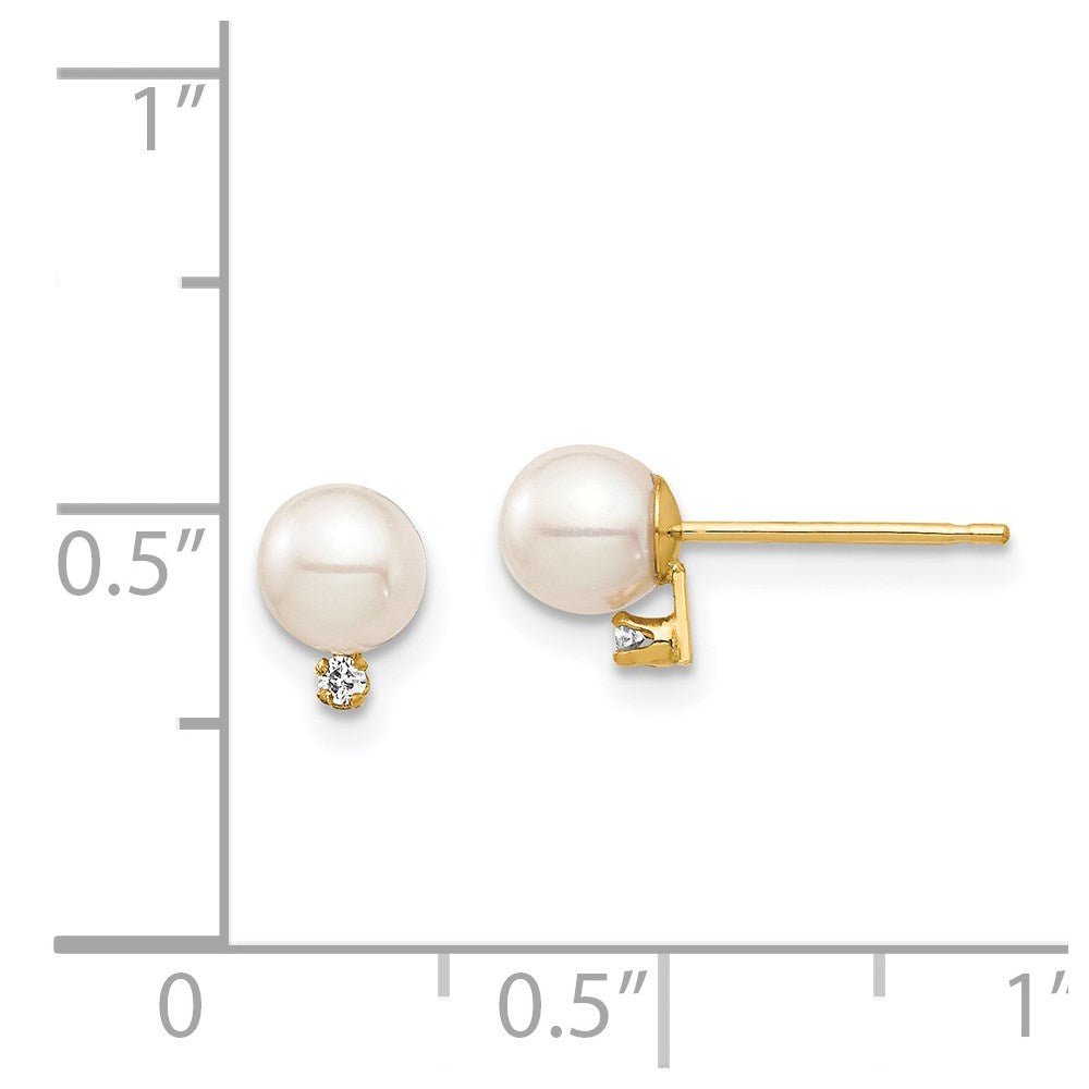 14k Madi K 4-5mm White Round Freshwater Cultured Pearl and .02 Carat Diamond Post Earrings with Silicone Backs