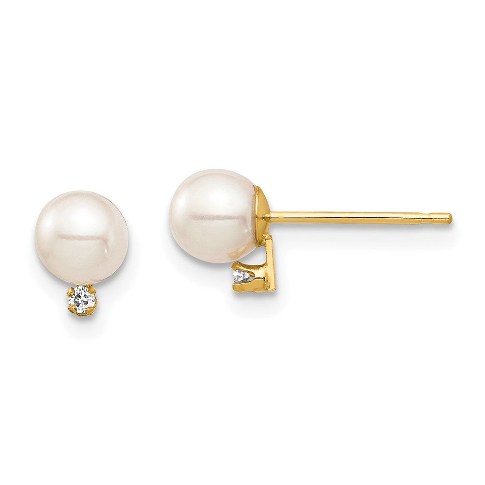 14k Madi K 4-5mm White Round Freshwater Cultured Pearl and .02 Carat Diamond Post Earrings with Silicone Backs