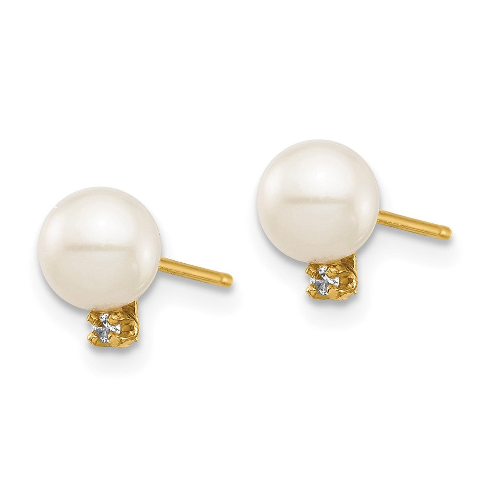 14k Madi K 5-6mm White Round Freshwater Cultured Pearl and .02 Carat Diamond Post Earrings with Silicone Backs