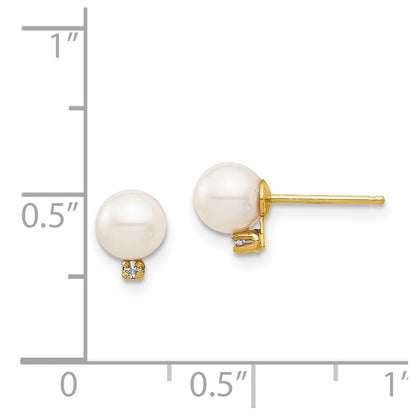 14k Madi K 5-6mm White Round Freshwater Cultured Pearl and .02 Carat Diamond Post Earrings with Silicone Backs