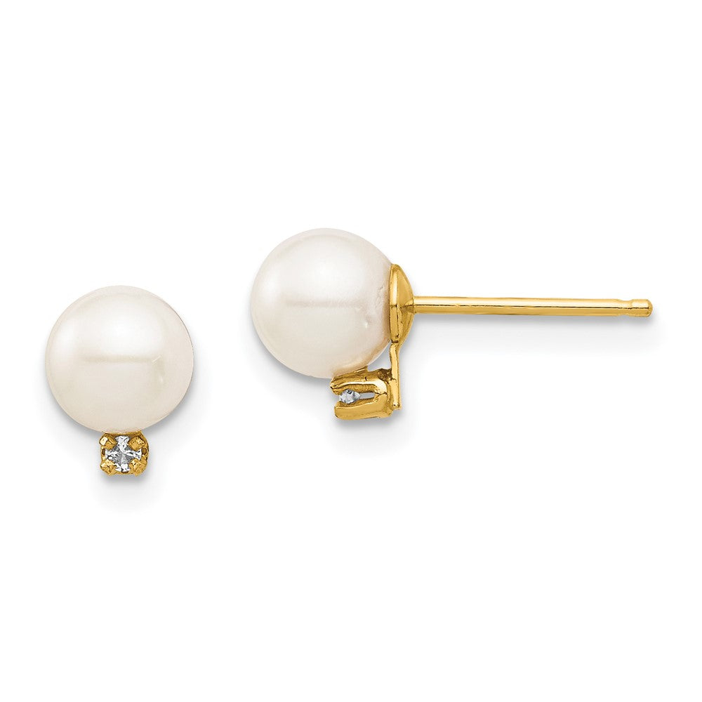 14k Madi K 5-6mm White Round Freshwater Cultured Pearl and .02 Carat Diamond Post Earrings with Silicone Backs