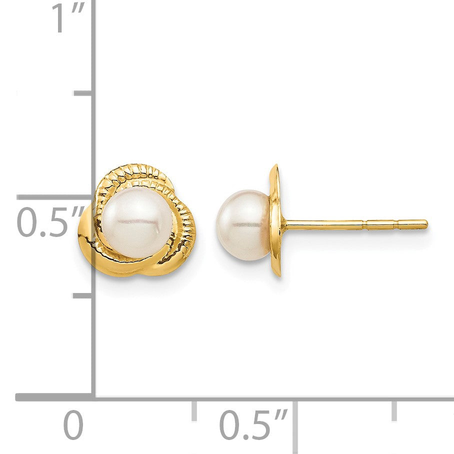 14k Madi K 4-5mm White Button Freshwater Cultured Pearl Love Knot Post Earrings with Silicone Backs
