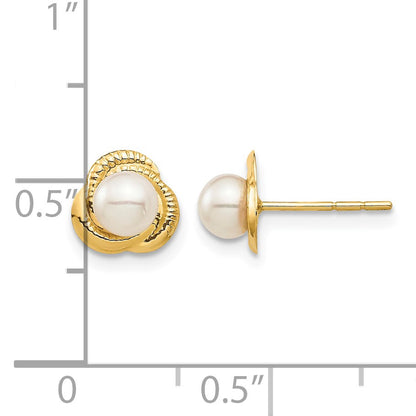 14k Madi K 4-5mm White Button Freshwater Cultured Pearl Love Knot Post Earrings with Silicone Backs