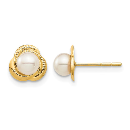 14k Madi K 4-5mm White Button Freshwater Cultured Pearl Love Knot Post Earrings with Silicone Backs
