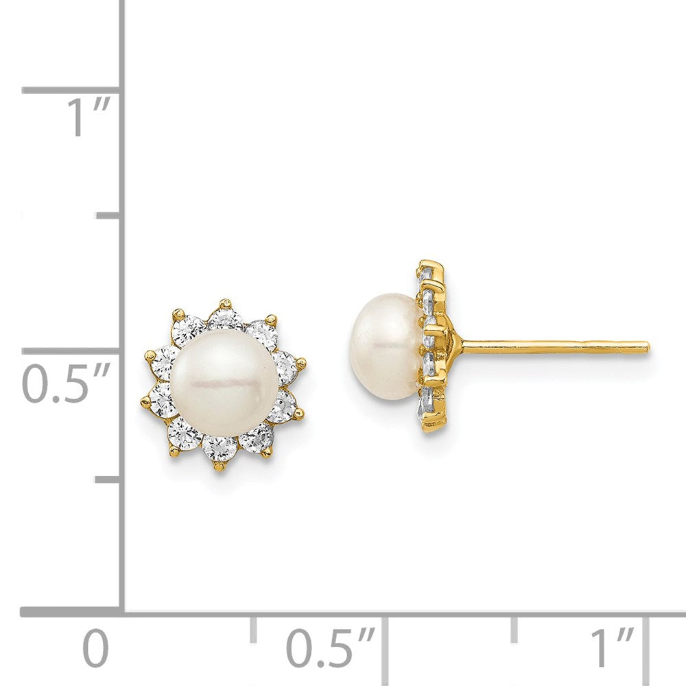 14k Madi K 5-6mm White Button Freshwater Cultured Pearl and CZ Post Earrings with Silicone Backs