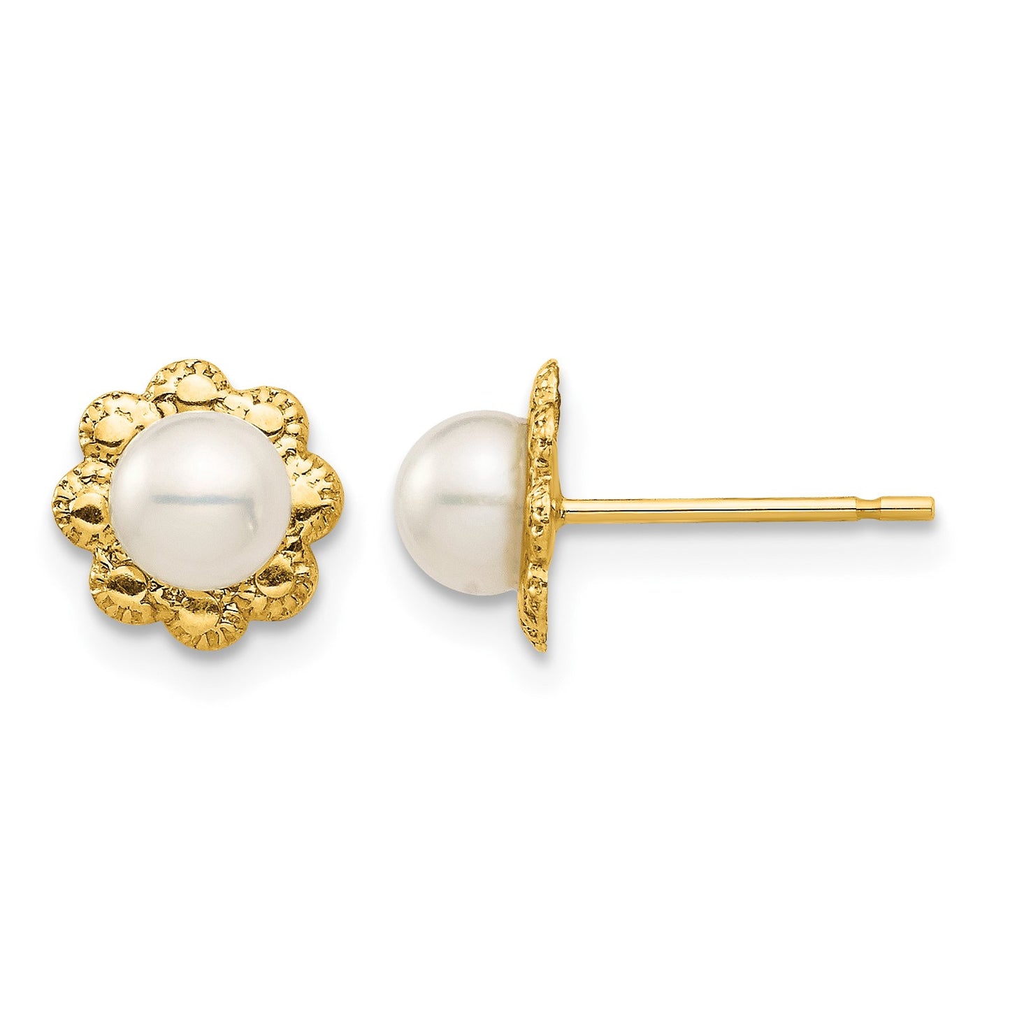 14k Madi K 4-5mm White Button Freshwater Cultured Pearl Flower Post Earrings with Silicone Backs