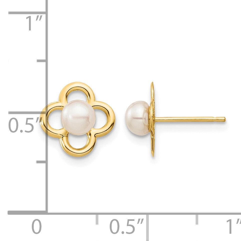 14k Madi K 4-5mm White Button Freshwater Cultured Pearl Quatrefoil Post Earrings with Silicone Backs
