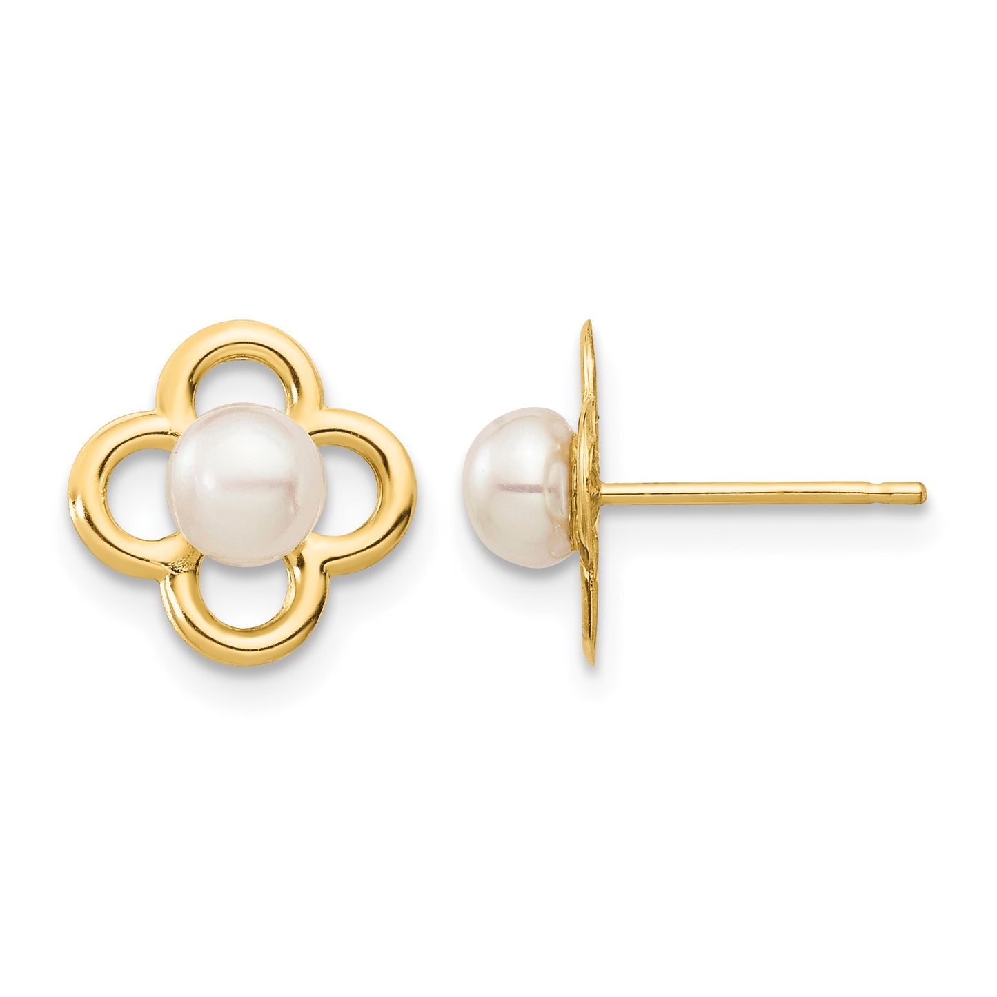 14k Madi K 4-5mm White Button Freshwater Cultured Pearl Quatrefoil Post Earrings with Silicone Backs