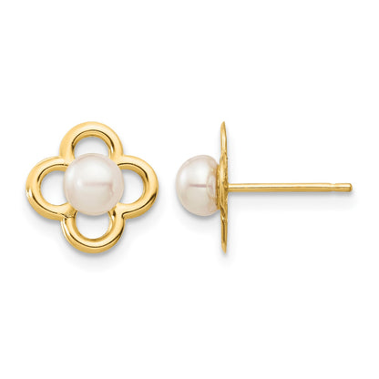 14k Madi K 4-5mm White Button Freshwater Cultured Pearl Quatrefoil Post Earrings with Silicone Backs