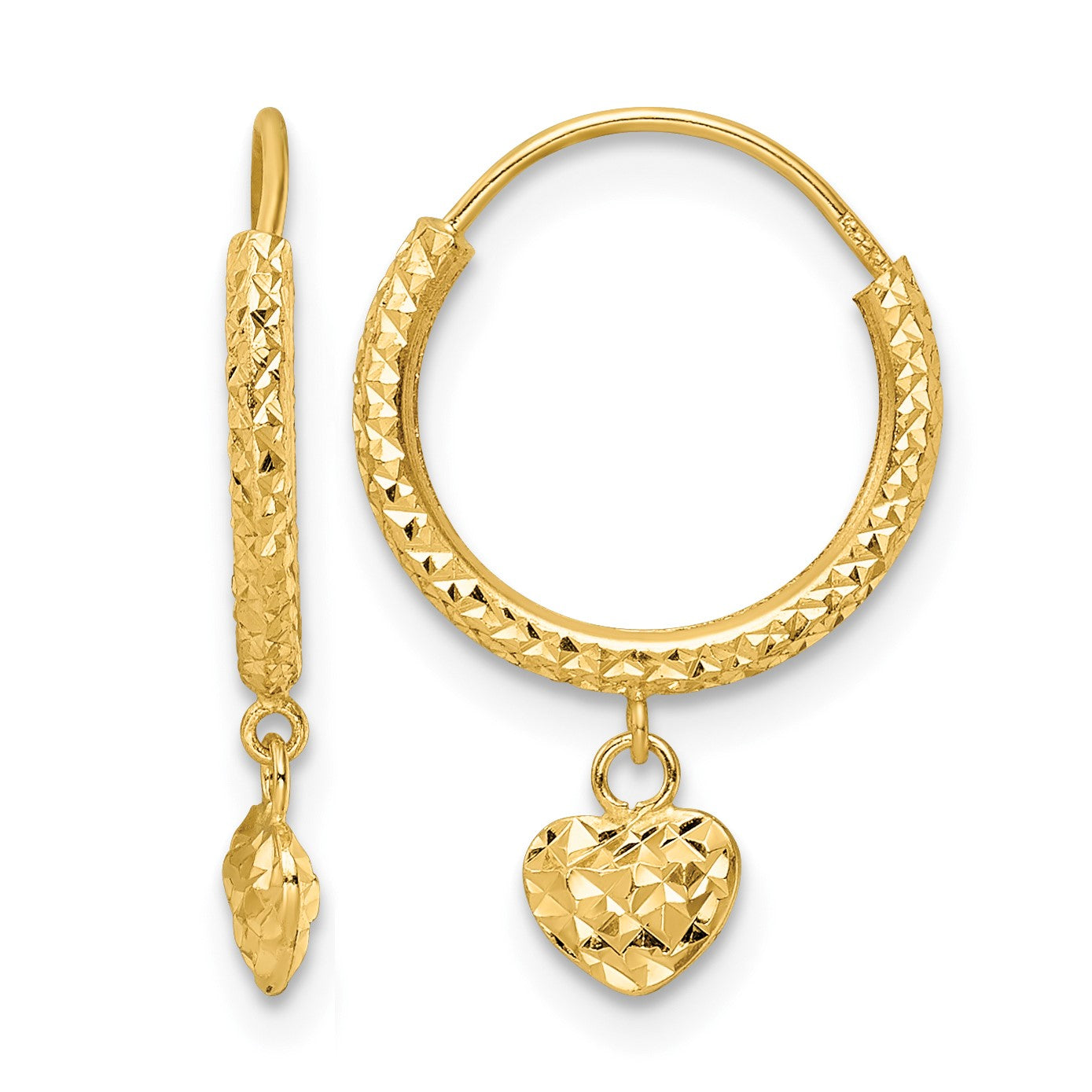 14K Madi K Diamond-cut Heart Hoop Childrens Earrings