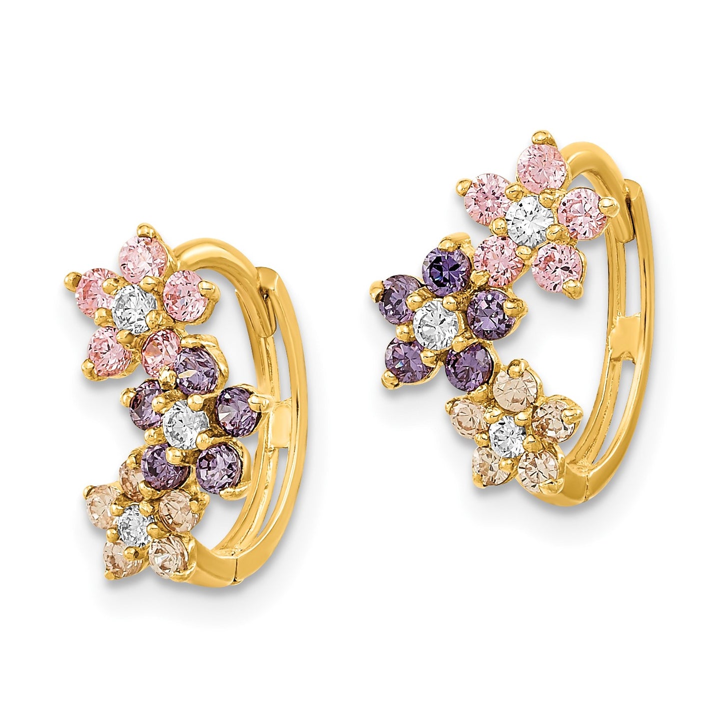 14K Madi K Flower Multicolor CZ Childrens Hinged Hoop Earrings