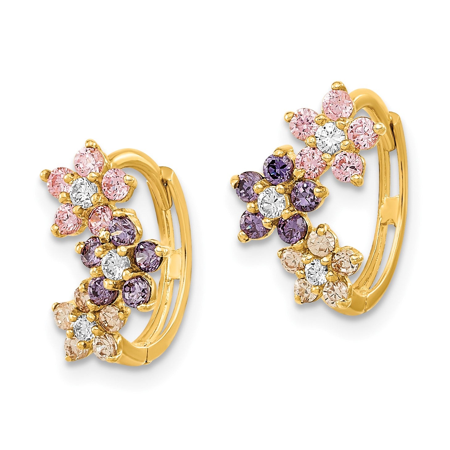 14K Madi K Flower Multicolor CZ Childrens Hinged Hoop Earrings