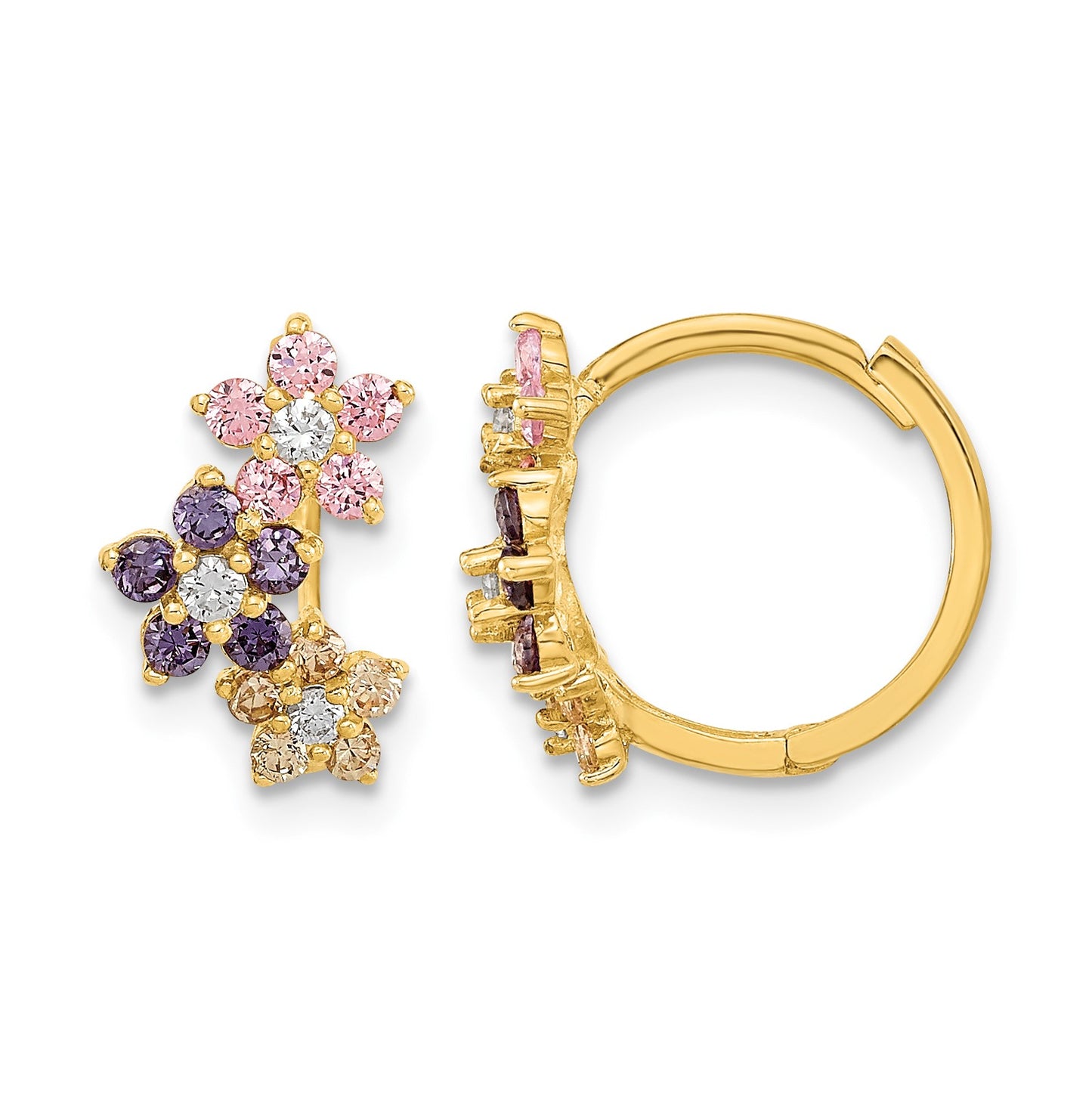 14K Madi K Flower Multicolor CZ Childrens Hinged Hoop Earrings